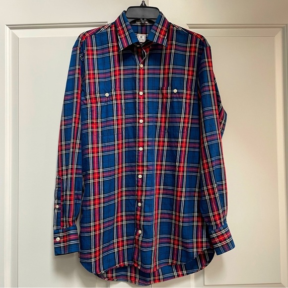 Peter Millar Men's Long Sleeve Button Down Blue Red Plaid Cotton Casual Shirt - Picture 1 of 9